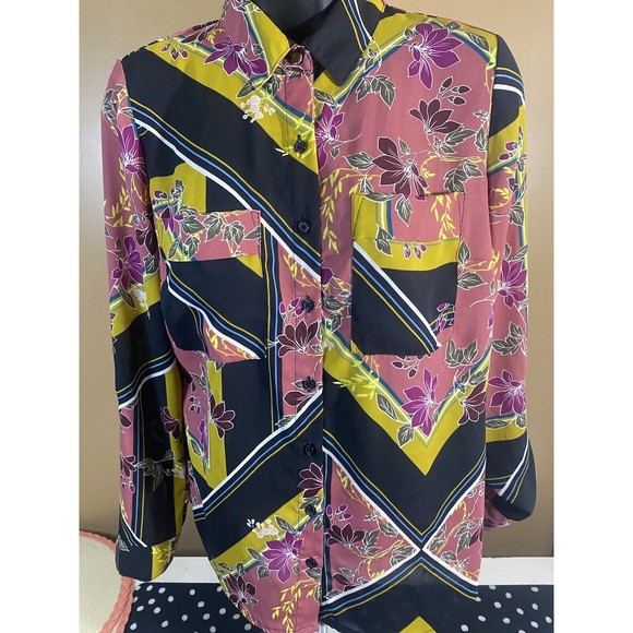 Multicolor Floral/striped Button Up Top With Pockets/button Sleeves Size XS - Picture 5 of 16
